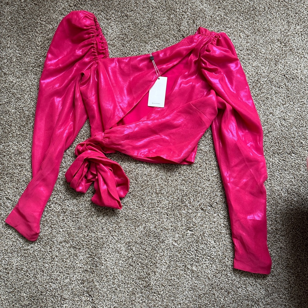 Lovers + Friends Hot Pink Satin Puff Sleeve Wrap Top